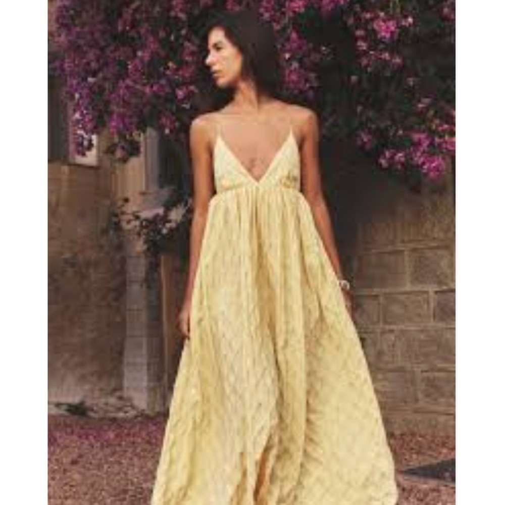 NWT Free‎ People Primmy Textured Midi Dress Mellow Yellow Size Med Boho Coastal